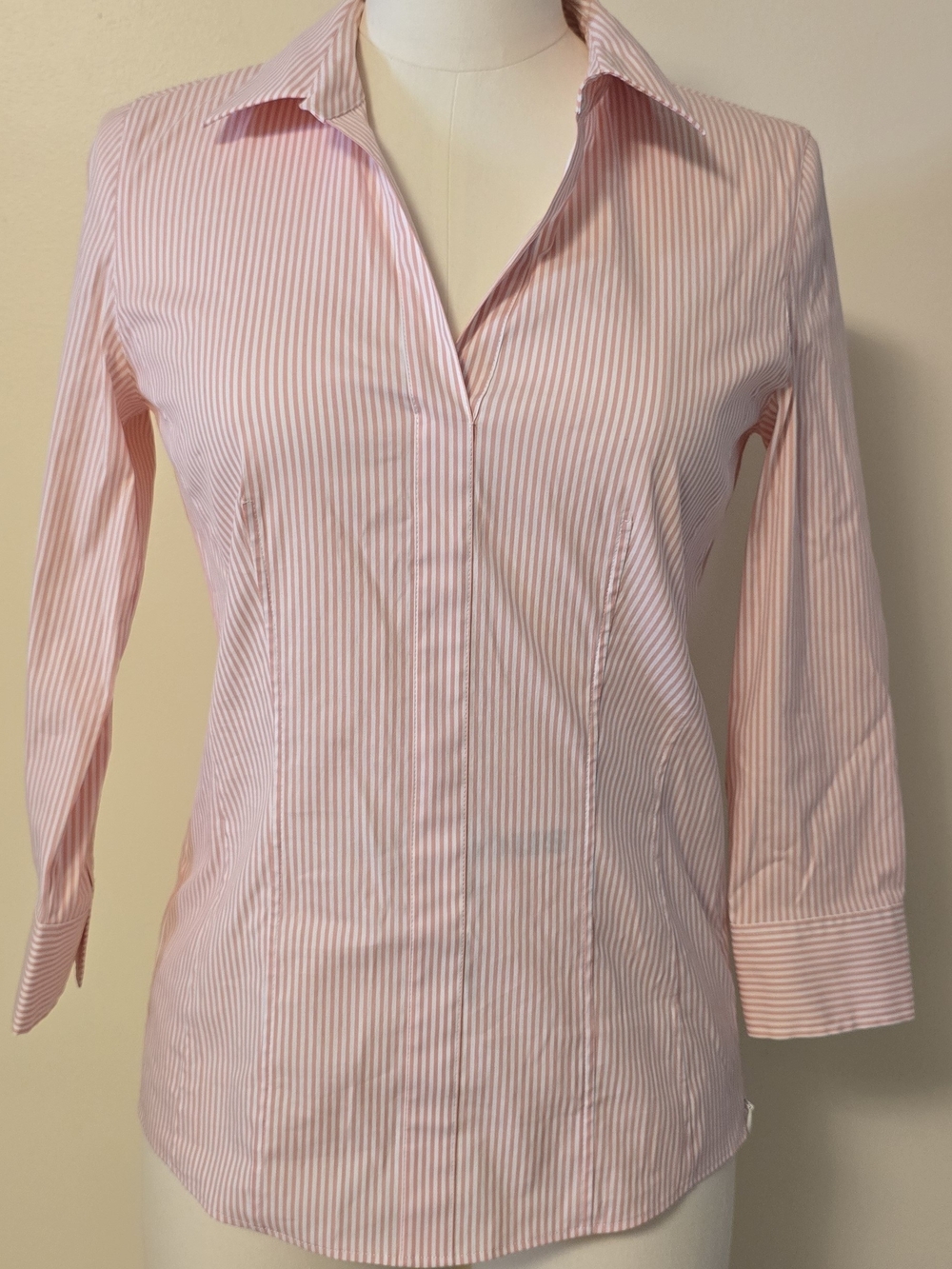 Lafayette 148 New York Striped V-Neck Blouse Size 0 Pink Preppy Office Business - Picture 3 of 5